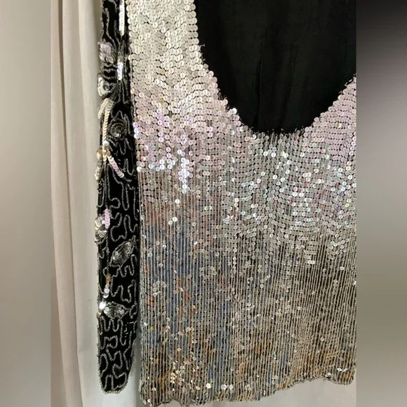 Jean for Joseph Le Bon 100% Silk Sequined Silver & Black Long Sleeve Top Medium - Picture 6 of 9